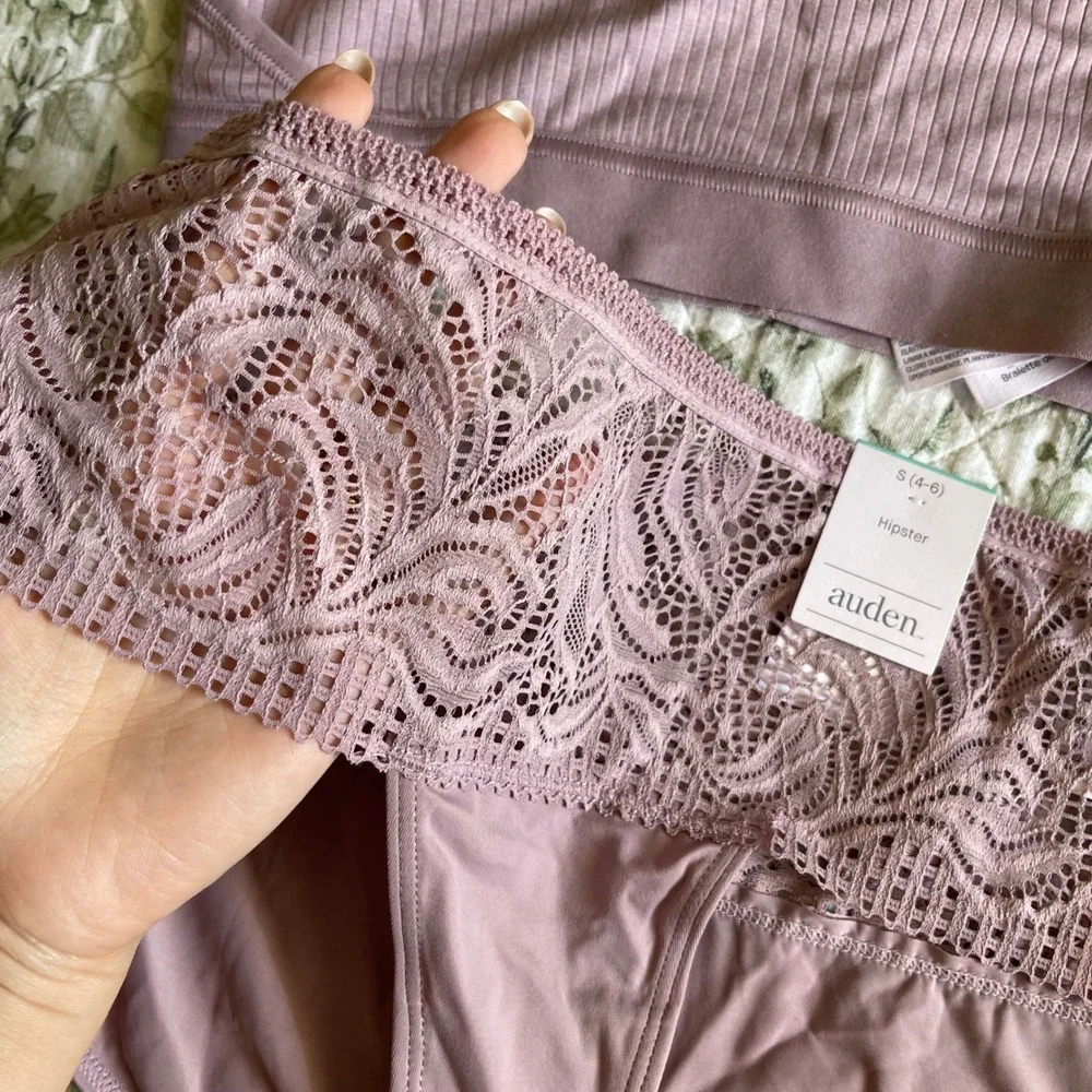 Auden Mauve Ribbed Bralette and Lace Hipster Panty Set NWT Size Small 4-6